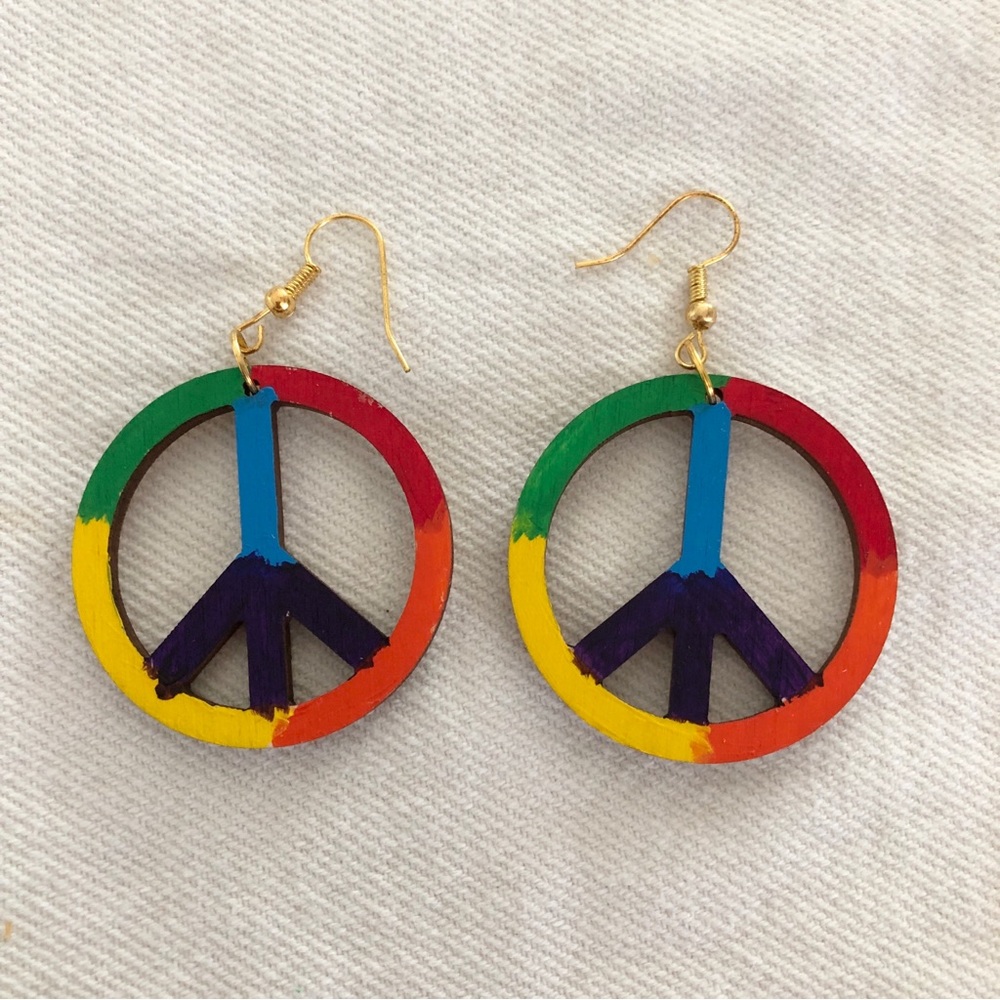 New Rainbow Peace Sign Wooden Dangle Earrings